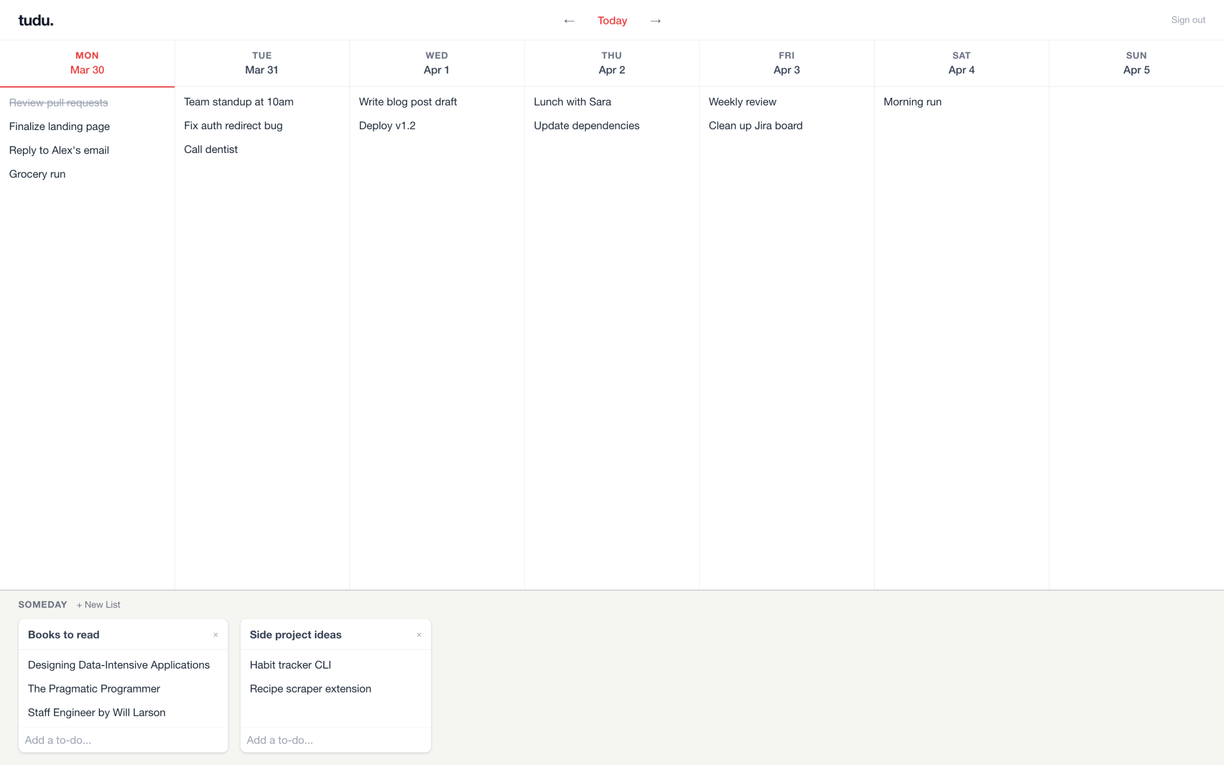 tudu. app — 7-day weekly view with someday lists